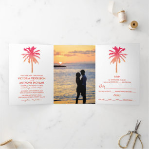 Invitation Trois Volets Suite de mariage Tropical Sunset Palm Tree Beach