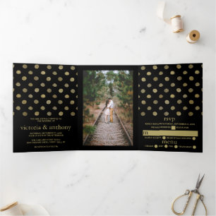 Invitation Trois Volets Suite de Mariages Pois Black & Gold moderne