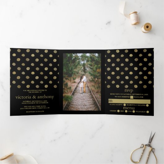 Invitation Trois Volets Suite de Mariages Pois Black & Gold moderne (Intérieur)