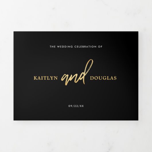 Invitation Trois Volets Suite Mariage de script Gold Foil moderne (Page de couverture)
