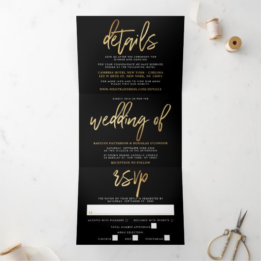 Invitation Trois Volets Suite Mariage de script Gold Foil moderne (Intérieur)