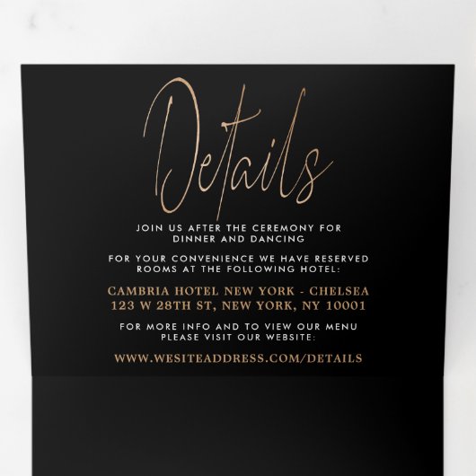 Invitation Trois Volets Suite Mariage de script Gold Foil moderne (Intérieur en premier)