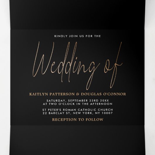 Invitation Trois Volets Suite Mariage de script Gold Foil moderne (Intérieur au milieu)