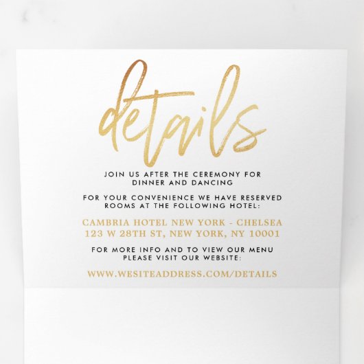 Invitation Trois Volets Suite Mariage de script Gold Foil moderne (Intérieur en premier)