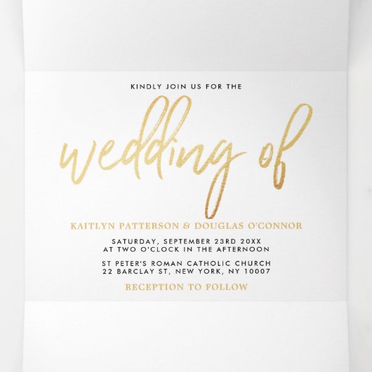 Invitation Trois Volets Suite Mariage de script Gold Foil moderne (Intérieur au milieu)
