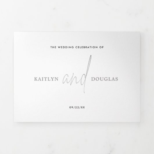 Invitation Trois Volets Suite Mariage de script Silver moderne (Page de couverture)