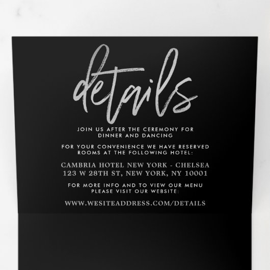 Invitation Trois Volets Suite Mariage de script Silver moderne (Intérieur en premier)