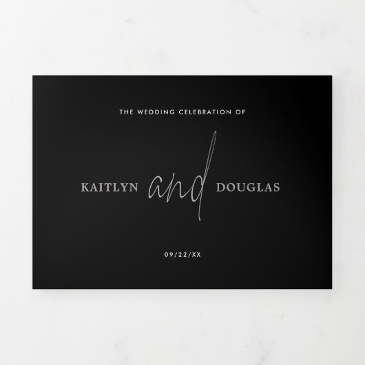 Invitation Trois Volets Suite Mariage de script Silver moderne (Page de couverture)