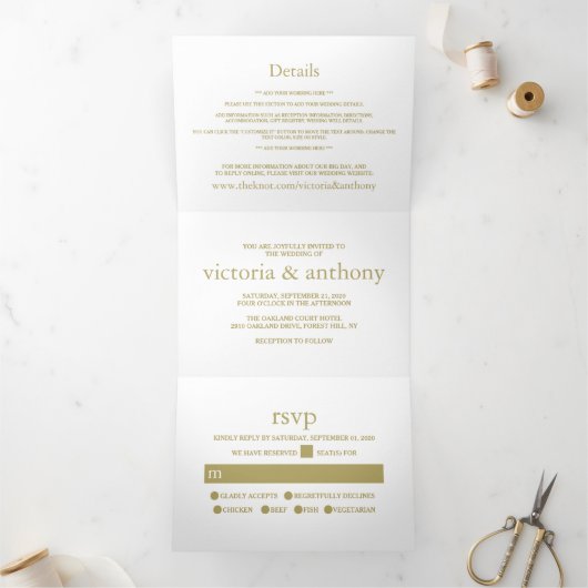 Invitation Trois Volets Suite moderne blanche et Mariage or (Intérieur)