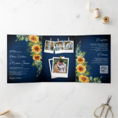 Invitation Trois Volets Sunflowers Eucalyptus QR Code Marine Mariage bleu (Intérieur)