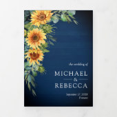 Invitation Trois Volets Sunflowers Eucalyptus QR Code Marine Mariage bleu (Page de couverture)