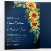 Invitation Trois Volets Sunflowers Eucalyptus QR Code Marine Mariage bleu (Intérieur en premier)