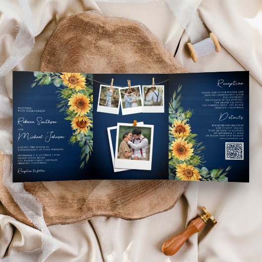 Invitation Trois Volets Sunflowers Eucalyptus QR Code Marine Mariage bleu