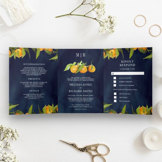 Invitation Trois Volets Tangerine Citrus Orange Orchard Mariage bleu marin