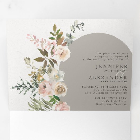 Invitation Trois Volets Taupe florale rustique tout en un Mariage triplé (Intérieur en premier)