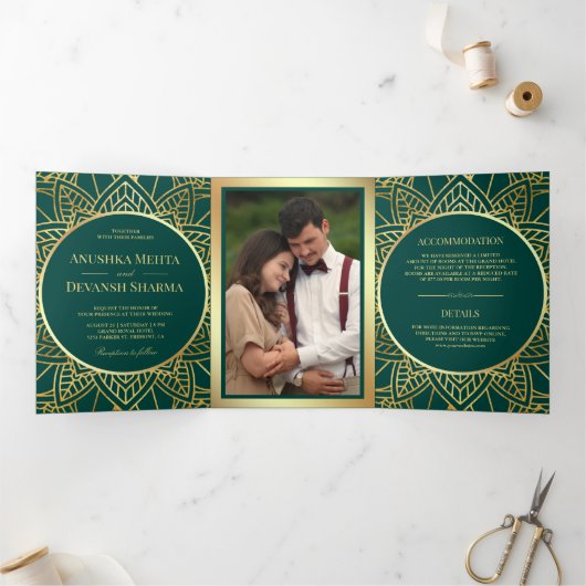 Invitation Trois Volets Teal and Gold Ethnic Mandala Indian Wedding (Intérieur)
