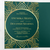 Invitation Trois Volets Teal and Gold Ethnic Mandala Indian Wedding (Intérieur en premier)