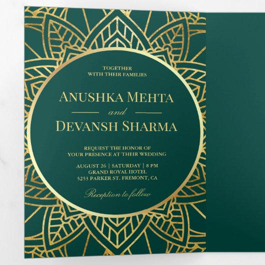 Invitation Trois Volets Teal and Gold Ethnic Mandala Indian Wedding (Intérieur en premier)