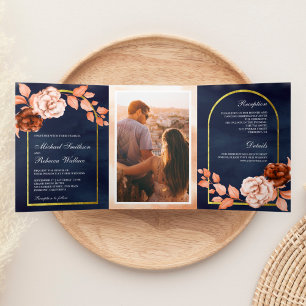 Invitation Trois Volets Terme aquarelle Floral Terracotta Mariage de marin