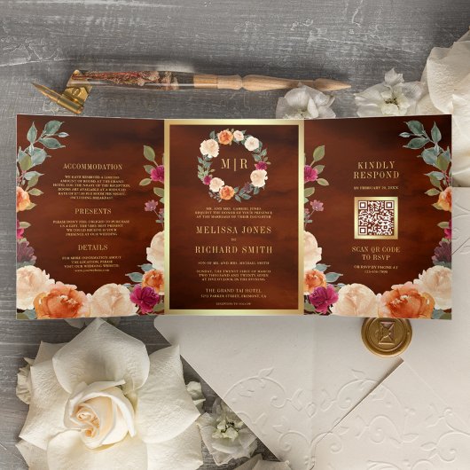 Invitation Trois Volets Terme couronne florale QR Code Mariage en terre cu