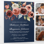 Invitation Trois Volets Terracotta Aquarelle Floral QR Code Marine Mariage (Intérieur en premier)