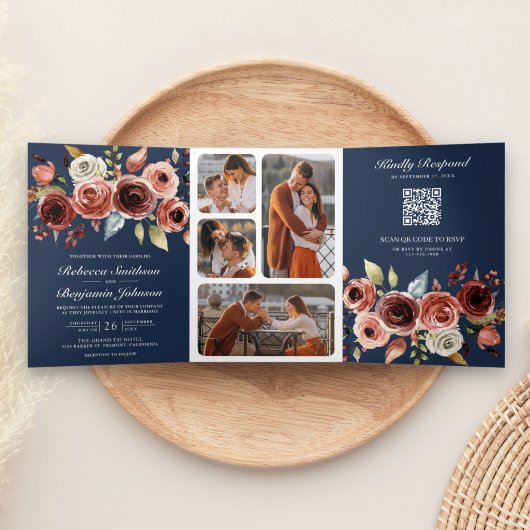 Invitation Trois Volets Terracotta Aquarelle Floral QR Code Marine Mariage