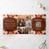 Invitation Trois Volets Terracotta Bourgogne Floral Photo QR Code Mariage (Intérieur)