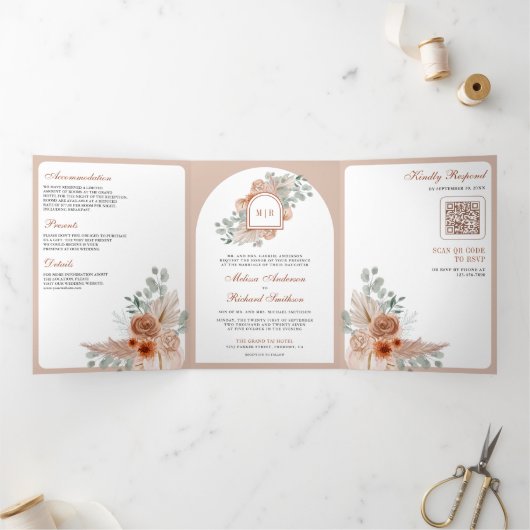 Invitation Trois Volets Terracotta Floral Boho Pampas QR Code Mariage (Intérieur)
