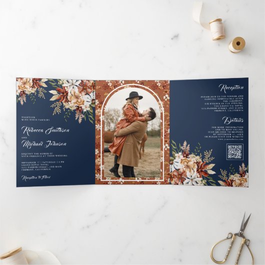 Invitation Trois Volets Terracotta Floral Fleur sauvage Marine Mariage ble (Intérieur)