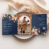 Invitation Trois Volets Terracotta Floral Fleur sauvage Marine Mariage ble