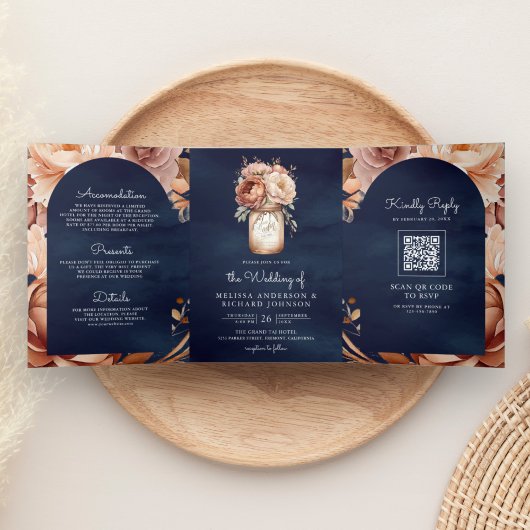 Invitation Trois Volets Terracotta Floral Mason Jar Marine QR Code Mariage