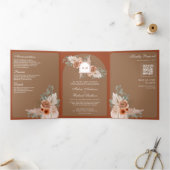 Invitation Trois Volets Terracotta Floral Pampas Beige Tan QR Code Wedding (Intérieur)