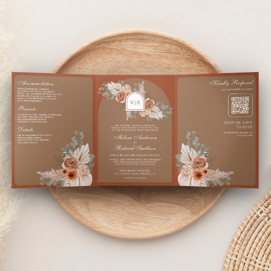 Invitation Trois Volets Terracotta Floral Pampas Beige Tan QR Code Wedding