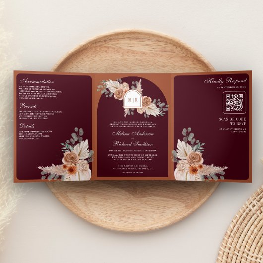 Invitation Trois Volets Terracotta Floral Pampas Burgundy QR Code Wedding