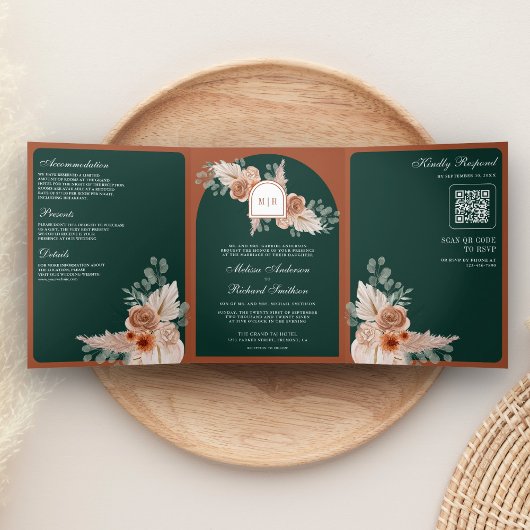 Invitation Trois Volets Terracotta Floral Pampas Emerald QR Code Wedding