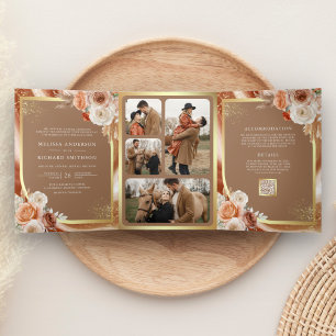 Invitation Trois Volets Terracotta Floral Pampas Gold Beige Mariage