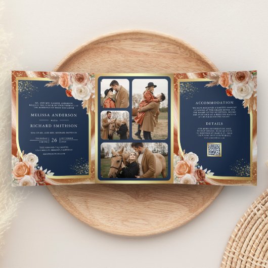 Invitation Trois Volets Terracotta Floral Pampas Gold Marine Mariage bleu