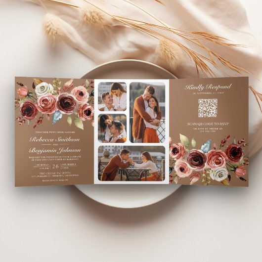 Invitation Trois Volets Terracotta Floral QR Code Beige Tan Wedding