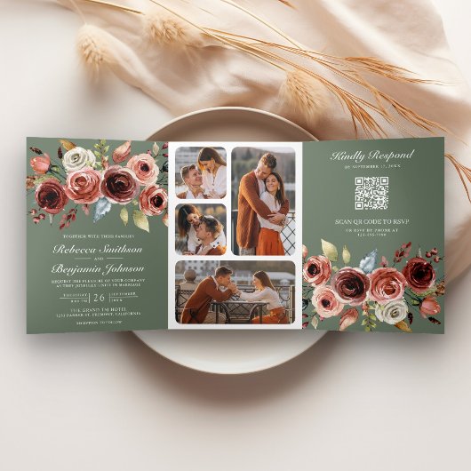 Invitation Trois Volets Terracotta Floral QR Code Sage Green Wedding