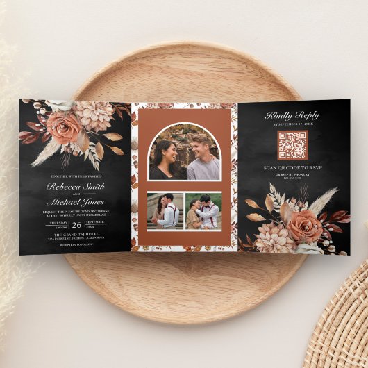Invitation Trois Volets Terracotta Floral tout en un QR Code Mariage noir