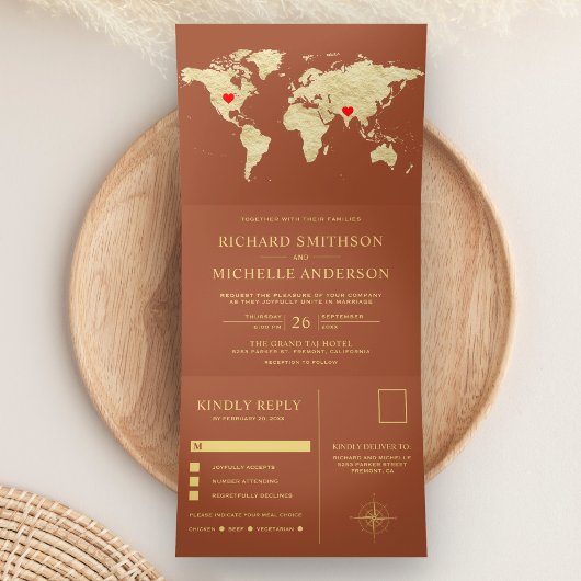 Invitation Trois Volets Terracotta Gold World Map All in One Wedding