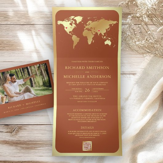 Invitation Trois Volets Terracotta Gold World Map QR Code Photo Wedding