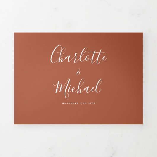 Invitation Trois Volets Terracotta Moderne Élégant Script Monogram Mariage (Page de couverture)
