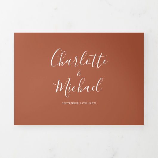 Invitation Trois Volets Terracotta Signature Script Mariage photo (Page de couverture)