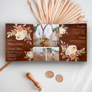 Invitation Trois Volets Terrain Dusty Pêcher Floral Terracotta Mariage