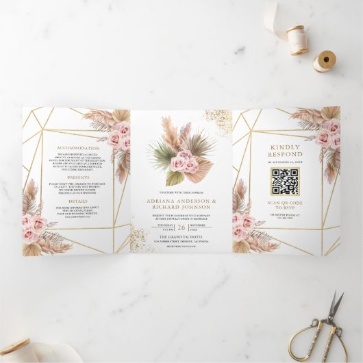 Invitation Trois Volets Terrarium Pampas Dusty Rose Roses QR Code Mariage (Intérieur)