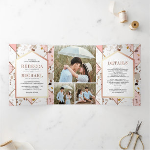 Invitation Trois Volets Terrazzo Mariage géométrique rose pâle