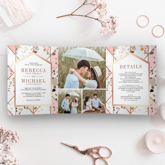 Invitation Trois Volets Terrazzo Mariage géométrique rose pâle