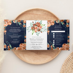 Invitation Trois Volets Terre brûlé Orange Floral Mariage bleu marine