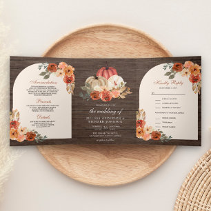 Invitation Trois Volets Terre Cuite Brûlée Orange Floral Citrouille Bois M